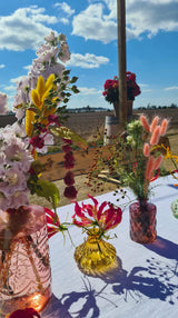 Leje af vaser, arrangeret med blomster